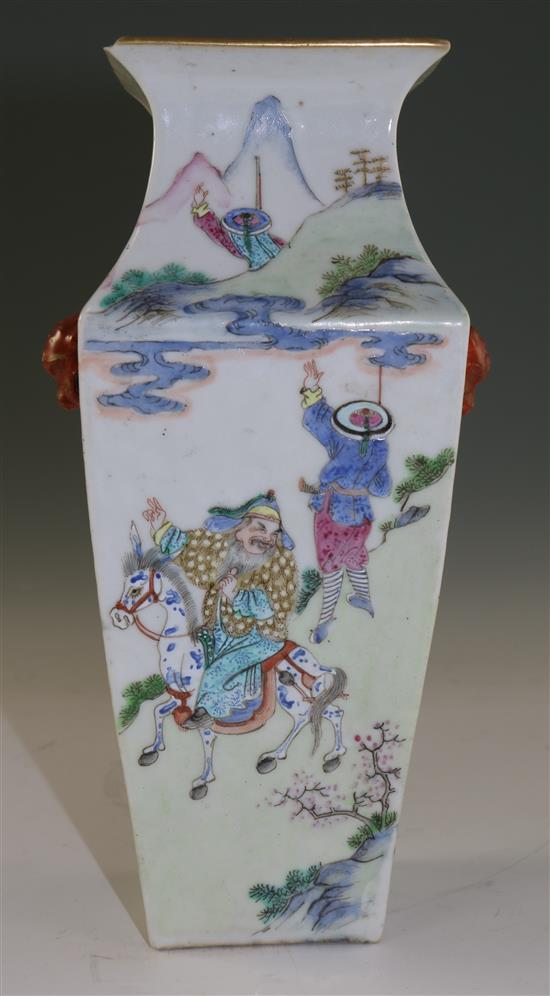 A Chinese famille rose square baluster vase, late 19th century, 23.7cm, chip to rim